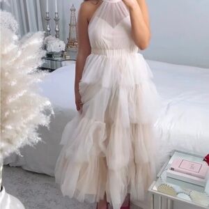 Cream Tulle Halter Ruffle Tiered Midi Dress . NWOT